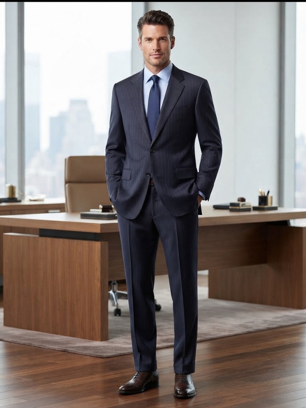 SIGNATURE CARRINGTON Men's Dark Blue Pinstripe Wool Suit Set 2-Piece SIZE 48R